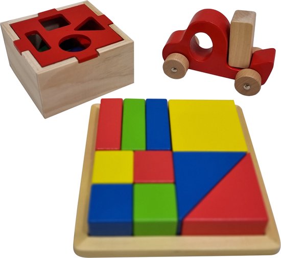Playwood Houten speelgoedset blokken grijpauto vormenstoof blokkenstoof 3 stuks speelgoed voor de prijs van 1 van Playwood