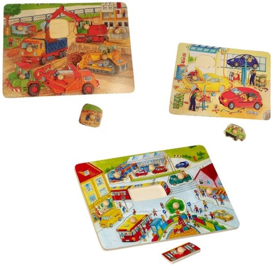 Playwood Knop puzzel bouwplaats-tram-garage  u krijgt 3 assorti geleverd van Playwood
