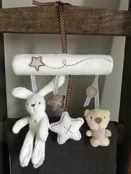 Pluche Baby Mobile incl. muziek doosje - Mobiele Knuffel - Konijn - Beer met geluid | Rammelaar - Knijp speelgoed | Kinderwagen - Maxi Cosi - Ledikant - Auto - Buggy - Box| Lint - Polkadot - Dots | Zacht | Accessoire Baby - Stoer - Lief | Vakantie van Merkloos