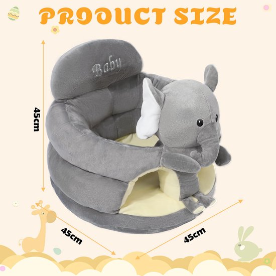Pluche Baby Zitstoel Olifant - Ergonomisch Babykussen voor Leren Zitten (5-24 Maanden) - Grijs - Gebruik Onder Toezicht