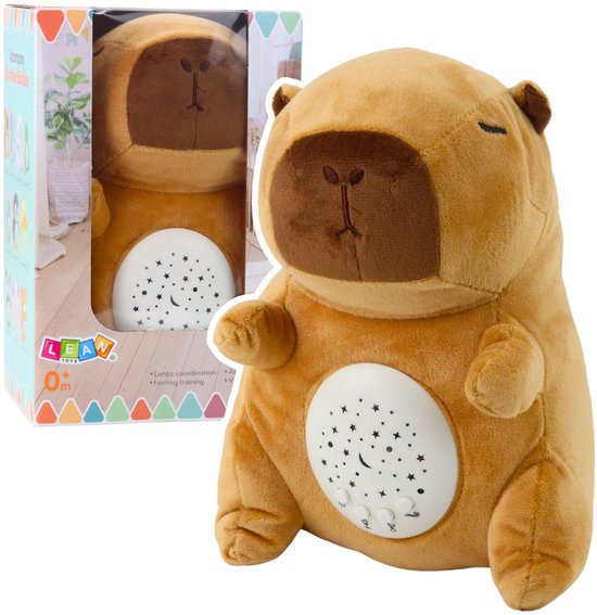 Pluche Capibara met Sterrenprojector - Nachtlampje met 8 Slaapliedjes & Natuurgeluiden - Knuffel met Muziek en Timer - 2 x 1.5V AA-batterijen (niet Inbegrepen) - ca. 24 x 18 x 12 cm - Bruin