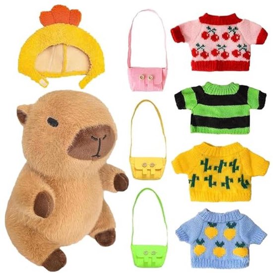 Pluche Capybara Knuffeldier 23 cm - Schattig Watervarken met Kleding en Accessoires