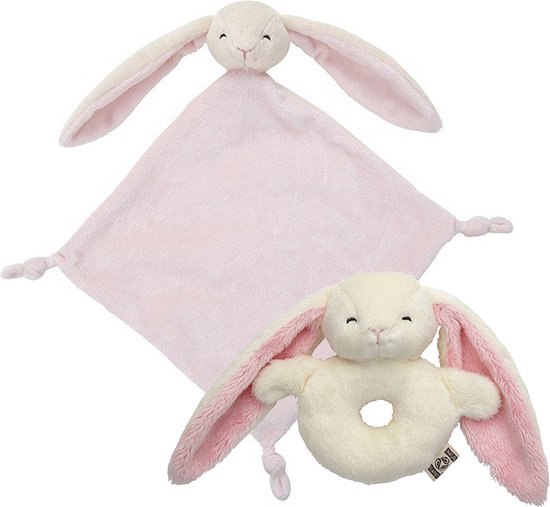 Pluche dieren setje konijnen knuffels rammelaar van 15 cm en tutteldoekje 40 cm van Merkloos