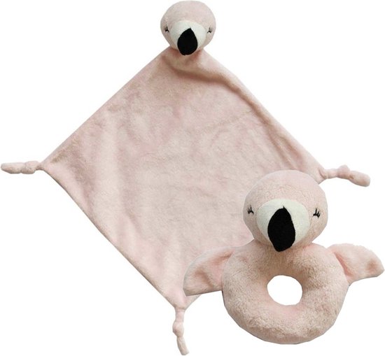 Pluche dieren setje roze flamingo knuffel rammelaar van 15 cm en tutteldoekje 40 cm van Funnies.