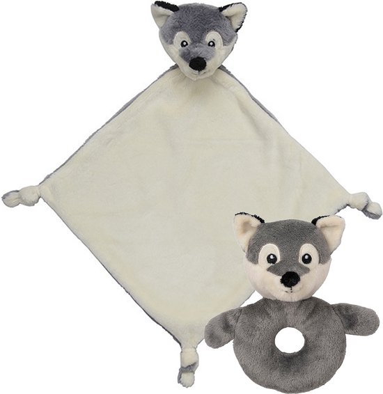 Pluche dieren setje wolf knuffel rammelaar van 15 cm en tutteldoekje 40 cm van Merkloos