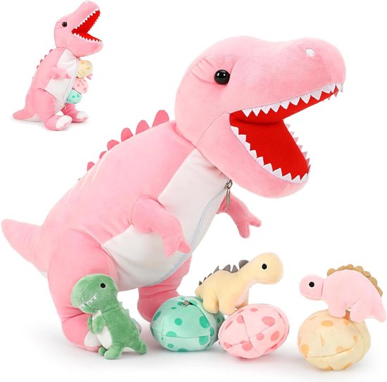 Pluche Dinosaurus Familie - Knuffel Dinosaurus Met Baby's - Kinderspeelgoed en Cadeau - 4-in-1 Speelgoed Set - 58 cm - Roze-wit