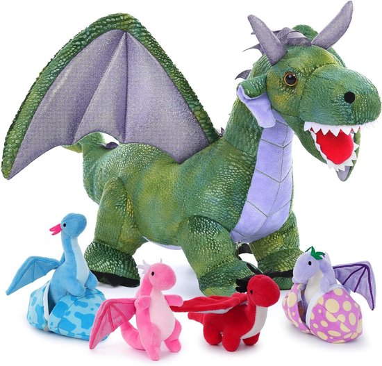 Pluche Draak Familie - Knuffel Draak Mama Baby - Kinderspeelgoed - 5-in-1 Verwijderbare Baby's - 55 cm - Groen Paars van Merkloos