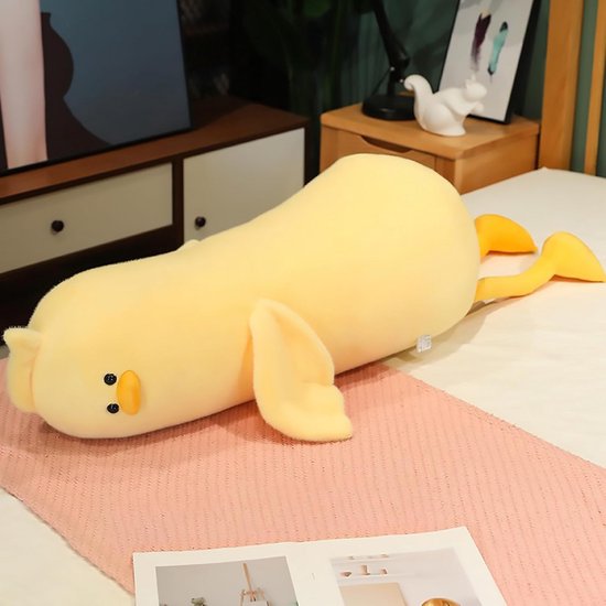 Pluche eend zacht knuffelkussen 90 cm geel