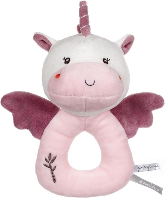 Pluche Eenhoorn Rammelaar - Babyspeelgoed Zacht - Baby Ontwikkeling Stimuleren - Met Ritselend Geluid - 14 cm - Roze