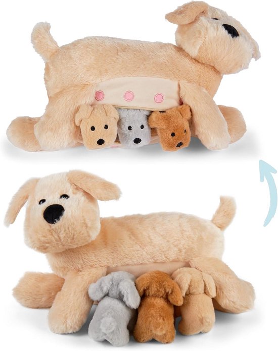Pluche Honden Familie - Knuffel Set - Spelen en Leren - Mama met Rits - 30 cm Hoog - Lichtbruin