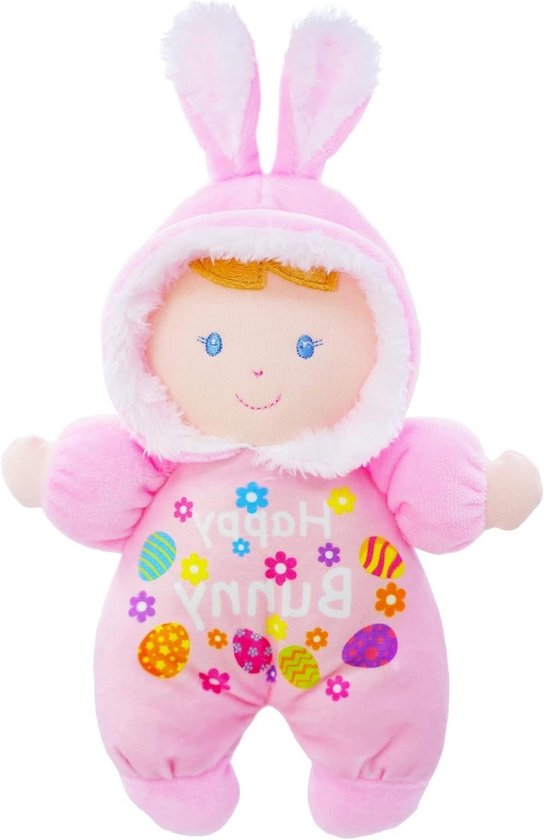Pluche Konijn Olivia - Babypop Zacht Speelgoed - Knuffelen en Spelen - Ingebouwde Sensorische Rammelaar - 23 cm - Roze
