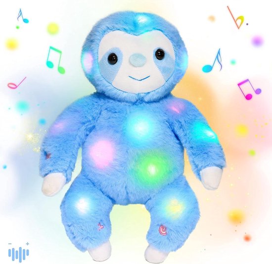 Pluche Luiaard Knuffel - Zingende Knuffel Nachtlampje - Kinderen Rustig Houden - Glow in the Dark - 30 cm - Blauw