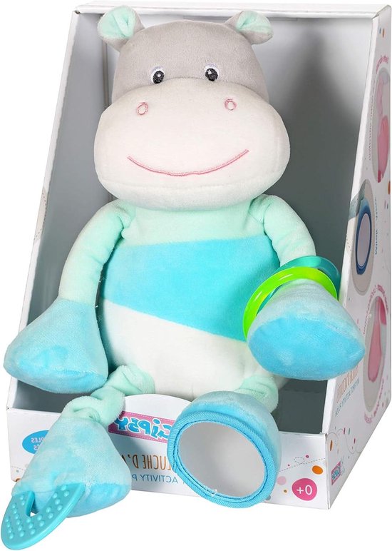 Pluche Nijlpaard - Knuffel Dier - Baby Ontwikkeling - 7 Stimulerende Activiteiten - 25 cm - Wit Blauw