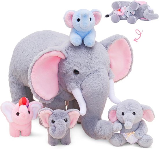 Pluche Olifanten Set - Knuffeldieren Baby Olifant - Cadeau Geven - Moeder met 4 Baby's - 36 x 21 cm