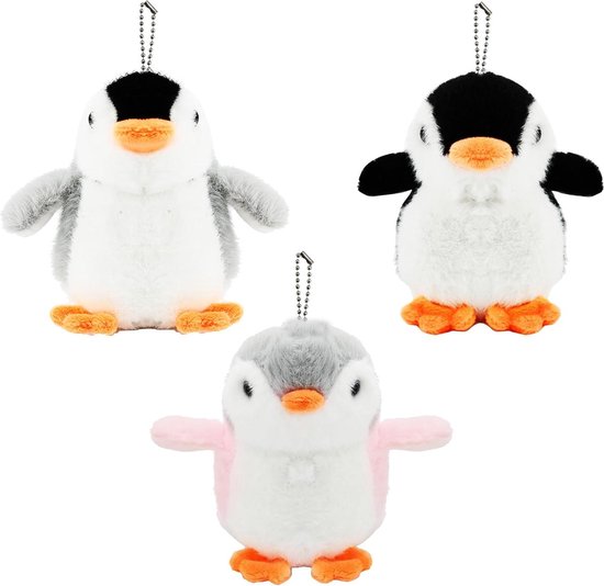 Pluche Pinguïns - Mini Dieren Knuffels - Sleutelhanger Decoratie - Met Hangende Ketting - 11 cm - Roze Grijs Zwart van Merkloos