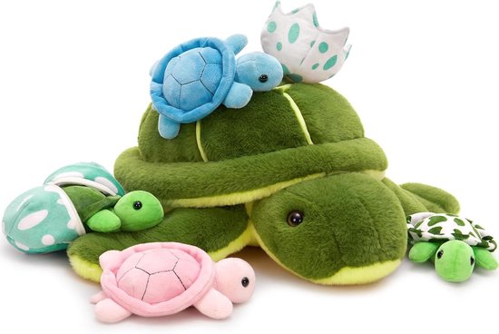 Pluche schildpad - Knuffel met baby's - Kinderen vermaken - Set van 7 stuks - 45 cm - Groen-geel