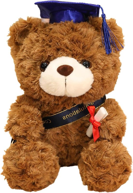 Pluche teddybeer - Afstudeerbeer knuffel - Herdenkingsdecoratie - Met diploma - 28 cm - Bruin met blauwe hoed