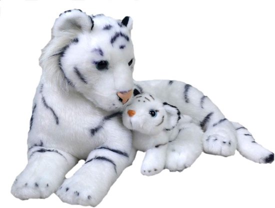 Pluche Tijger - Knuffeldier Moeder Baby - Kinderspeelgoed Ontdekken - Milieuvriendelijke Vulling - 38 cm - Wit
