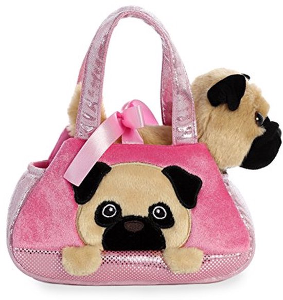 Pluchen Mopshond - Knuffel Vriend - Spelen en Knuffelen - Afneembaar van Tas - 18 cm Hoog - Veelkleurig