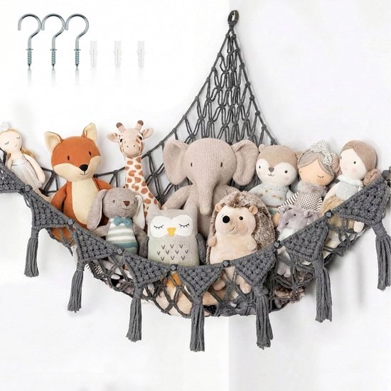Pluchen Opbergnet - Knuffel Organisator - Speelgoed Opbergen - Driehoekig Design - Grijs