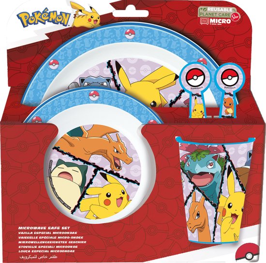 Pokémon Kinderservies - 5-delig - Herbruikbaar - Inclusief bord, kom, bestek en beker - Vaatwasser- en microgolfbestendig & BPA-vrij - Wit/Blauw van Merkloos