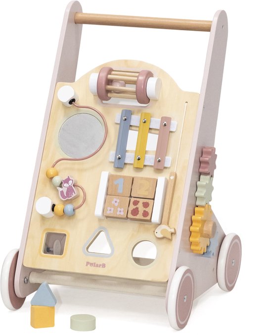 PolarB Houten Loopwagen Activiteiten – Baby Walker met 8 Speelfuncties (12+ mnd) – Looptrainer met Opbergruimte