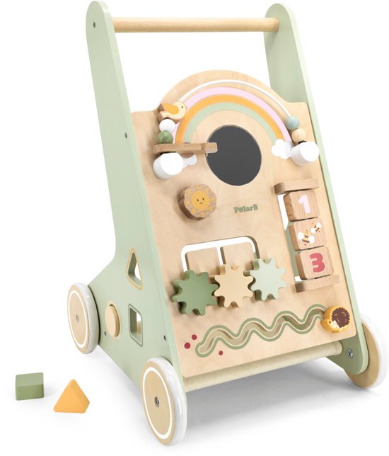 PolarB Houten Loopwagen Groen – Baby Walker met speelfunctie (12+ mnd) – Looptrainer met Opbergruimte - Snel leren lopen - Anti slipbanden van Merkloos
