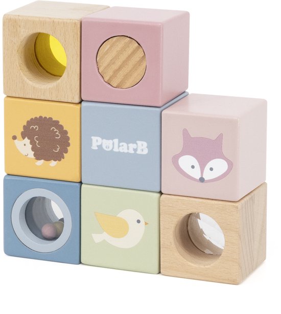 PolarB Houten Sensorische Blokken – 8-delige Set – Speelgoed voor Baby’s (12+ mnd) – Stimuleert Zintuigen & Motoriek van Polarb