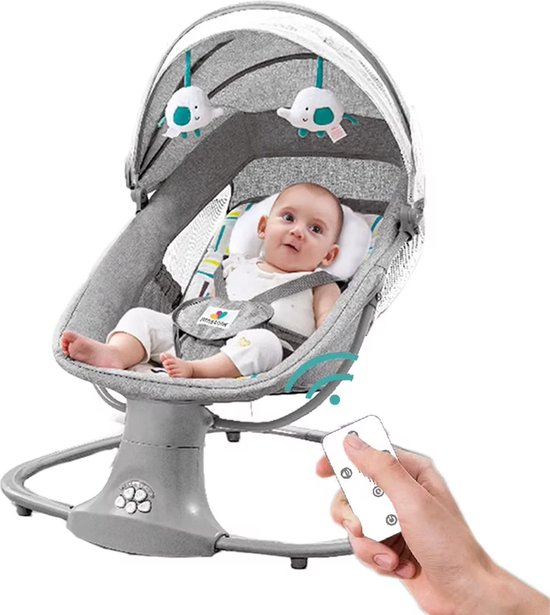 PolderGoods - Baby Swing - Elektrische Babyschommel - Automatische Wipstoel - Met slimme afstandsbediening | 5 punts veiligheidsgordel | Verstelbare rugleuning | Grijs van PolderGoods