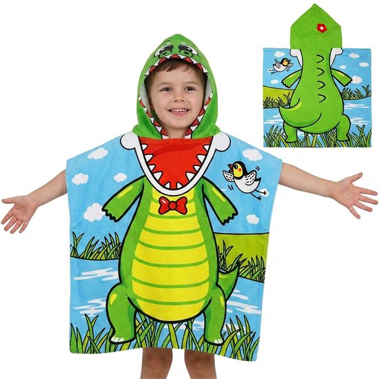 Poncho Handdoek - Badponcho - Krokodil - Zomer Badcape - Omslagdoek - Handdoek Met Capuchon - Strandhanddoek - Polyester - Jongen - Kinderen - Kinder - Peuter - Kleuter - Vanaf 3 jaar