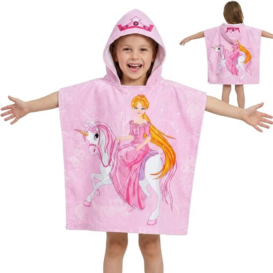 Poncho Handdoek Prinses met Eenhoorn - Kinder Badponcho met Capuchon - Strandponcho - Badcape - Sneldrogende Strandhanddoek - Roze - Polyester - Meisjes - Vanaf 3 Jaar