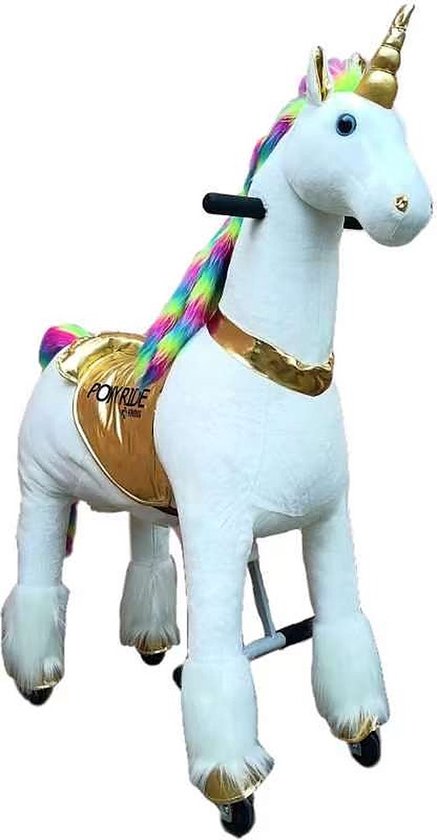 PonyRide Rijdend Speelgoed Paard - Hobbelpaard - Eenhoorn - Unicorn - 74x29x79 cm - 3-6 Jaar - Inclusief Inline Skate Wieltjes en leder zitje - Regenboog van PonyRide