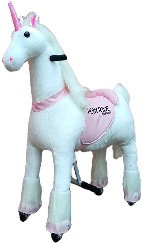 PonyRide Rijdend Speelgoed Paard - Hobbelpaard - Eenhoorn - Unicorn - 74x29x79 cm - 3-6 Jaar - Inclusief Inline Skate Wieltjes en leder zitje - Roze van PonyRide