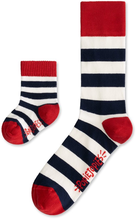 Popiejopies matching sokken Streepje Voor | maat: 41-46 + 12-24 maanden | rood-wit-blauw gestreepte sokken van Popiejopies