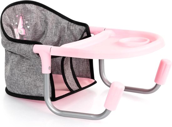 Poppen Tafelstoel - Poppenstoel met blad - Poppen voeren - Inklapbaar en verstelbaar - Tot 46 cm - Jeansgrijs en roze