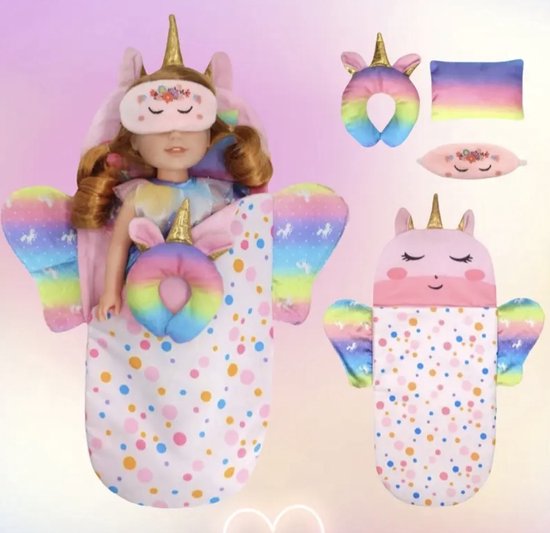 Poppenkleding - poppen draagzak - set Unicorn - 4 delige poppenset - poppendraagzak - baby born - baby Annabel -poppenslaapzak - cadeau set - cadeau tip - kinderspeelset pop