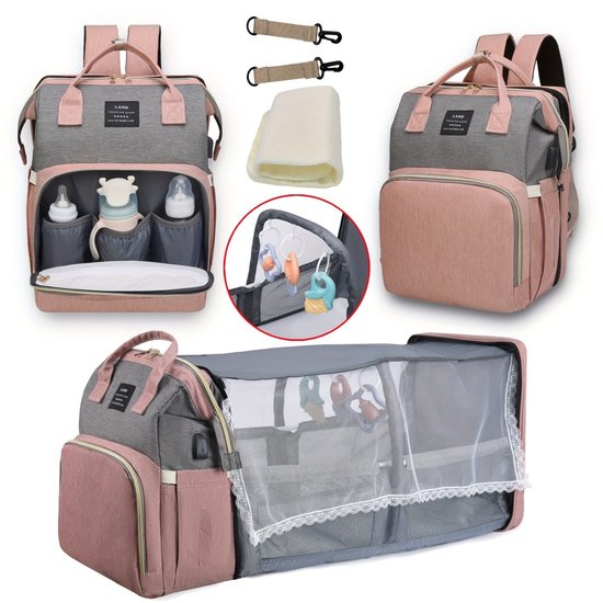 Portable Mommy Bag & Folding Baby Crib Bed - Lightweight Travel Maternity Backpack - Large-Capacity, Ideaal voor Uitjes - Multifunctioneel Babyverzorging van SUNVENO