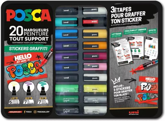 Posca graffiti verfmarker set metalen koffer 20 stuks stickers. van Merkloos