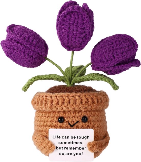 Positive Tulip - Crochet Toy - Handmade Inspirational Decoration - Emotional Doll with Motivational Card - Knitted Flower - Moms Gift for Mom - Home Office Decor - Purple van LittleSoulGifts