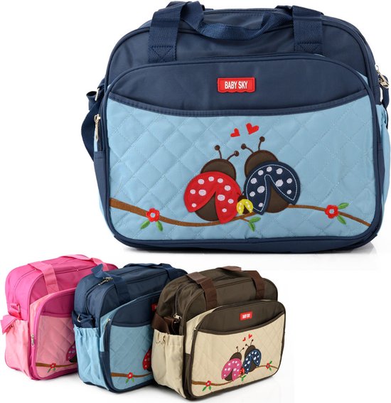 Praktische Luiertas - Baby Verzorgingstas- Inclusief Verschoningsmatje - Flessenhouder - Lieveheersbeestjes - Blauw van Pericles