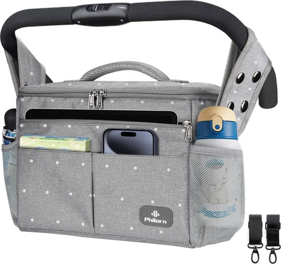 Pram Organiser with Insulated Drink Holder, Shoulder Strap, Large Capacity, Universal Baby Pram Bag, Grey with Dots van LECUTEWELO