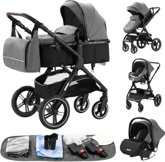 Premium 3-in-1 Kinderwagen - Draagbaar, Opvouwbaar, met Vering - Aluminium Frame - Inclusief Autostoel - Kwalitatieve Buggy voor Pasgeboren Baby - Luxe Multifunctionele Combi Kinderwagen - Grijs/Zwart van Kinderkraft
