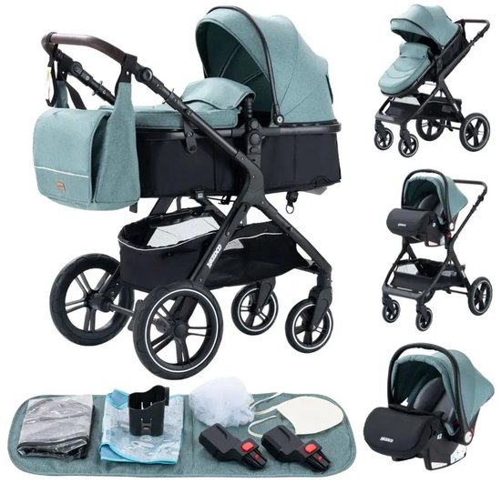 Premium 3-in-1 Kinderwagen - Draagbaar, Opvouwbaar, met Vering - Aluminium Frame - Inclusief Autostoel - Kwalitatieve Buggy voor Pasgeboren Baby - Luxe Multifunctionele Combi Kinderwagen - Groen/Zwart van Merkloos