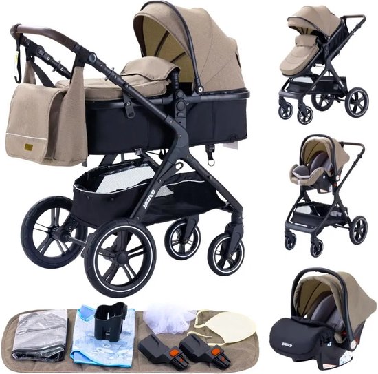 Premium 3-in-1 Kinderwagen - Draagbaar, Opvouwbaar, met Vering - Aluminium Frame - Inclusief Autostoel - Kwalitatieve Buggy voor Pasgeboren Baby - Luxe Multifunctionele Combi Kinderwagen - Khaki / Zwart van Hauck