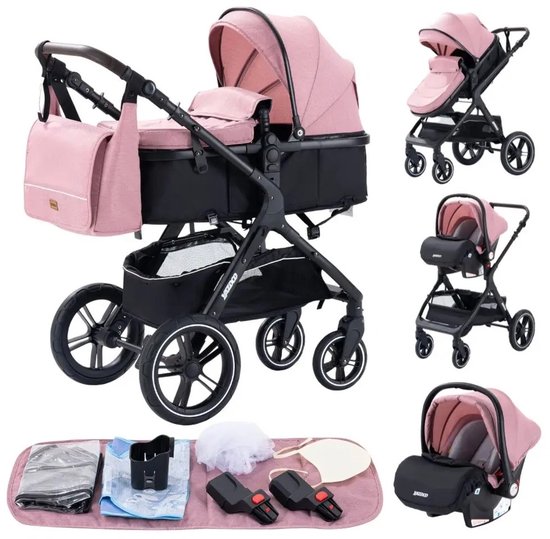 Premium 3-in-1 Kinderwagen - Draagbaar, Opvouwbaar, met Vering - Aluminium Frame - Inclusief Autostoel - Kwalitatieve Buggy voor Pasgeboren Baby - Luxe Multifunctionele Combi Kinderwagen - Roze/Zwart van Merkloos