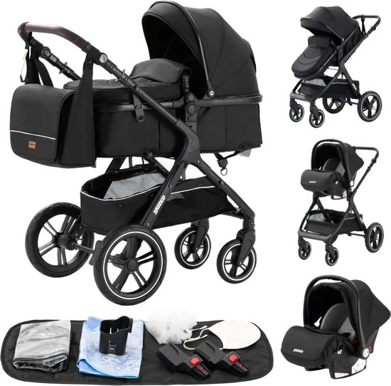 Premium 3-in-1 Kinderwagen - Draagbaar, Opvouwbaar, met Vering - Aluminium Frame - Inclusief Autostoel - Kwalitatieve Buggy voor Pasgeboren Baby - Luxe Multifunctionele Combi Kinderwagen - Zwart van Premium