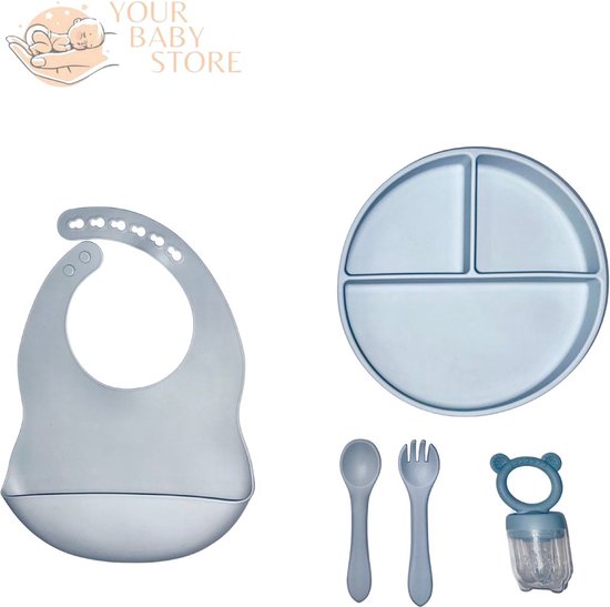 Premium BabyHap set - 3 delig bord - bestek - slab met opvangbakje - fruitspeen - Babyblauw - siliconen - YOURBABYSTORE van YourBabyStore