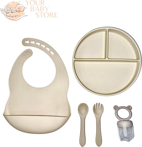 Premium BabyHap set - 3 delig bord - bestek - slab met opvangbakje - fruitspeen - Beige - siliconen - YOURBABYSTORE van YourBabyStore