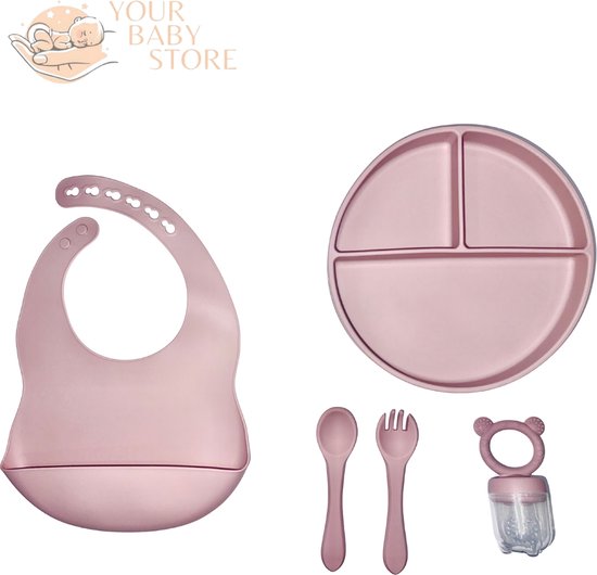 Premium BabyHap set - 3 delig bord - bestek - slab met opvangbakje - fruitspeen - Roze - siliconen - YOURBABYSTORE van YourBabyStore