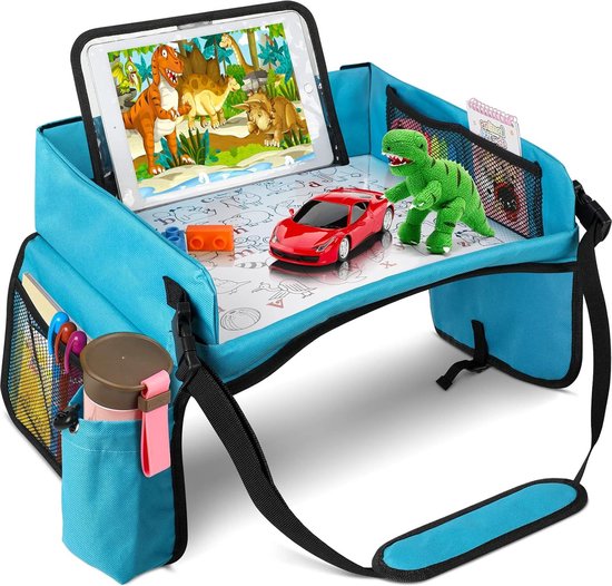 Premium Reistafel Voor Auto met Tekentafel & Tablethouder - Autostoel Organizer -Speeltafel - Whiteboard - Blauw van Kiddi Style